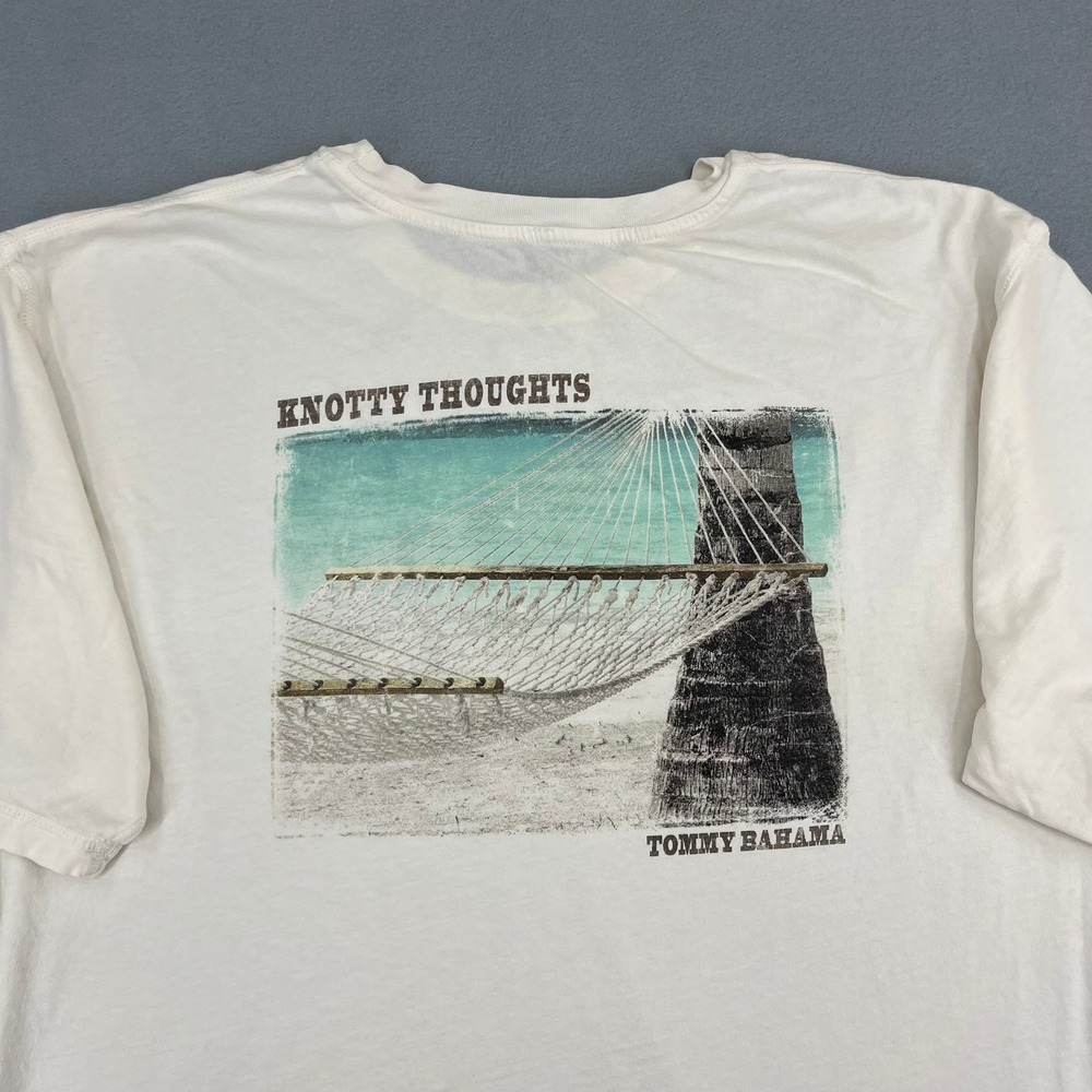 Tommy Bahama Relax Mens XL White Graphic T-Shirt Knotty Thoughts Hammock Marlin - Picture 10 of 13